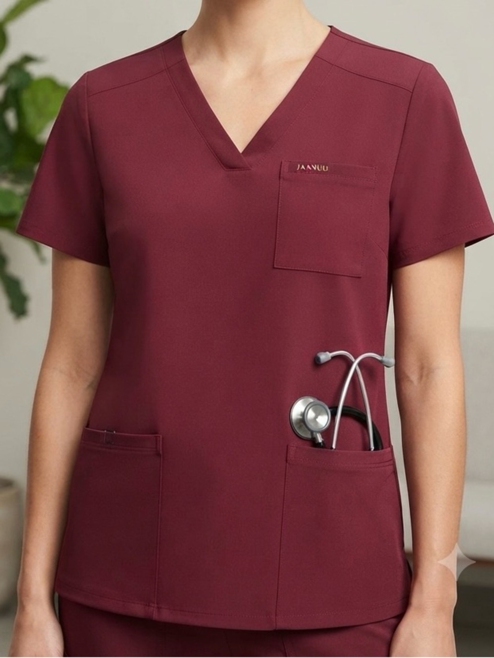 Jaanuu • Women’s V-Neck Medical Scrub Top Size XLarge Burgundy